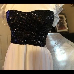 strapless  black top and white skirt dress